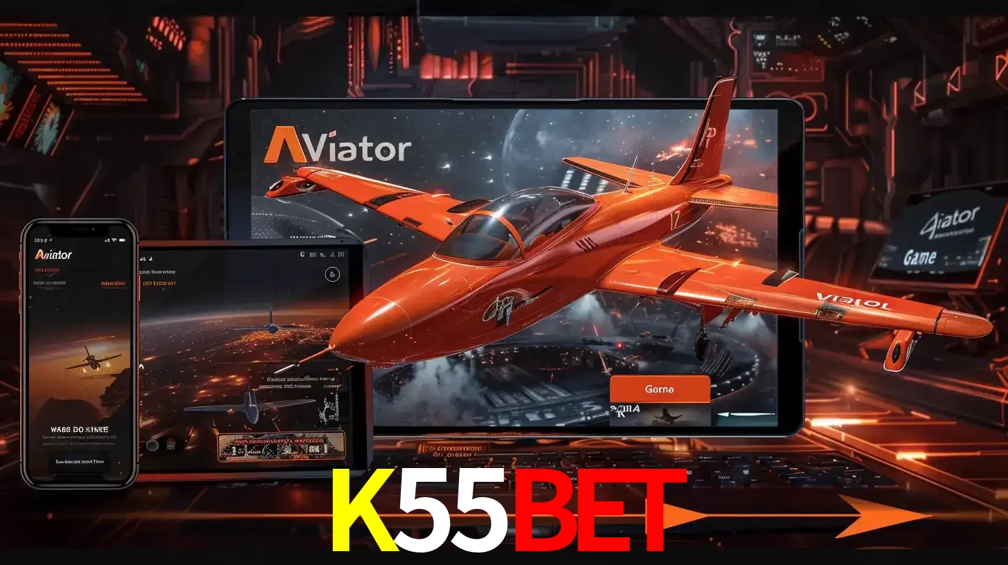 Apresentação tecnológica do jogo Aviator com um avião saindo da tela de um tablet, demonstrando a experiência imersiva em múltiplos dispositivos no K55BET.