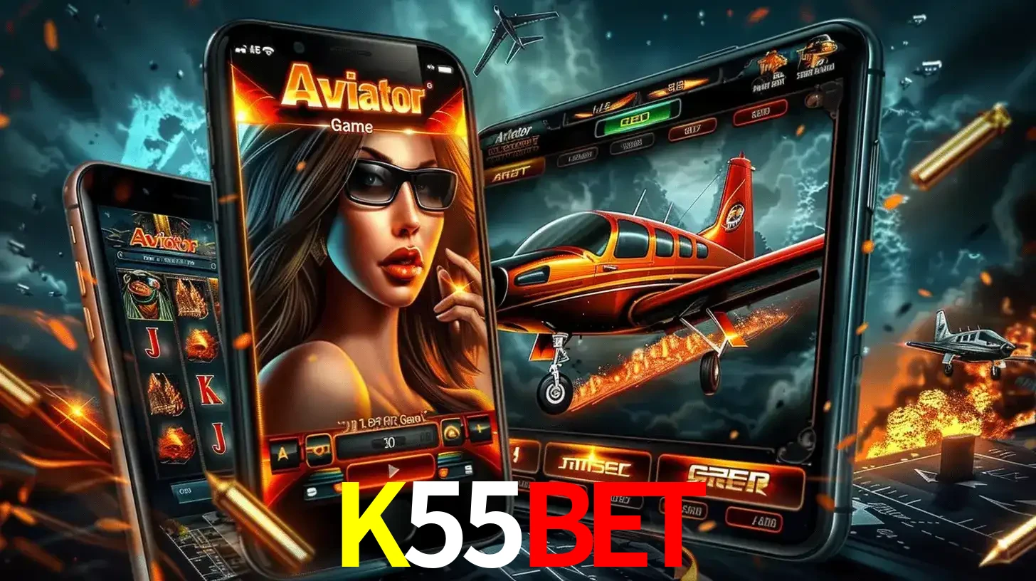 O popular jogo de apostas Aviator exibido em vários celulares e tablets, mostrando a interface emocionante e a ação de voo disponíveis para jogar agora no K55BET.