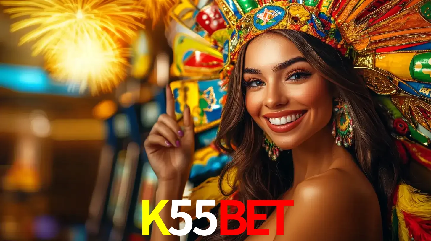 Mulher sorridente com um cocar de carnaval vibrante e colorido, celebrando uma grande vitória nos jogos do cassino K55BET com fogos de artifício ao fundo.