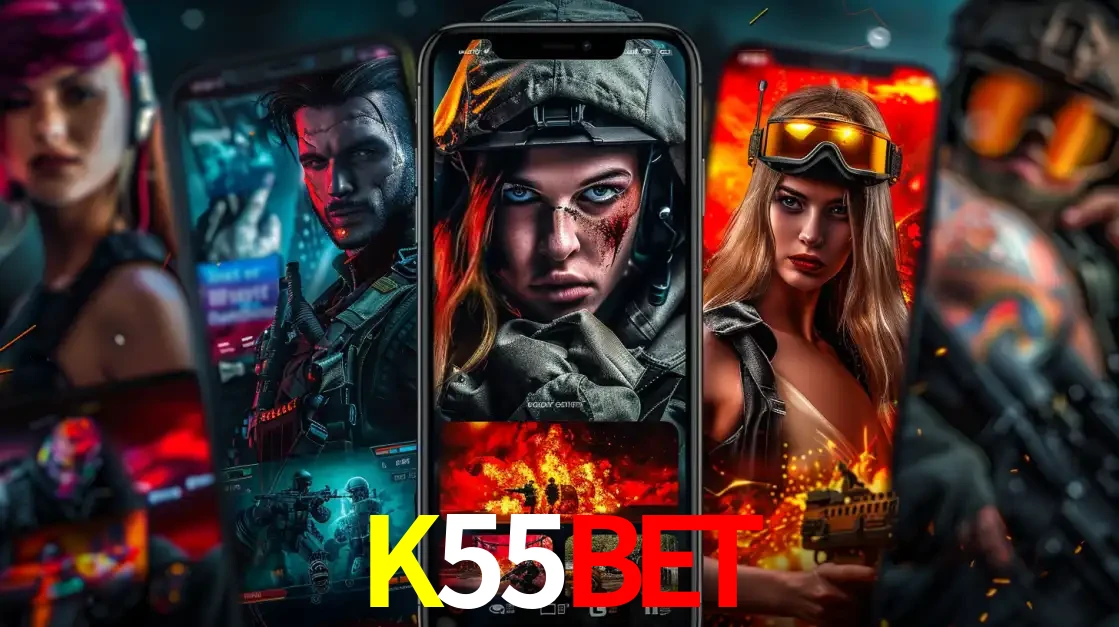 Montagem de telas de celular mostrando diversos personagens, masculinos e femininos, de um jogo de tiro, ilustrando a diversidade de equipes de e-sports para apostar no K55BET.
