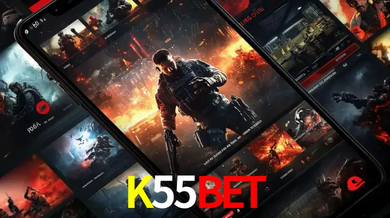 Tela de um celular exibindo uma galeria de jogos de tiro com temática militar, mostrando a variedade de e-sports disponíveis para apostas na plataforma de entretenimento K55BET.