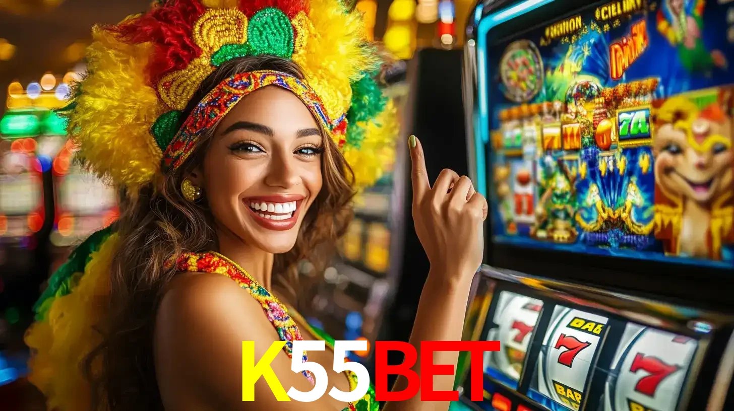 Mulher animada com um cocar de carnaval apontando para uma máquina de caça-níqueis, mostrando a emoção de ganhar um grande prêmio nos jogos do K55BET.