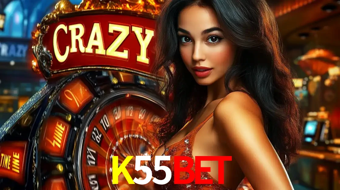 Mulher glamourosa olhando para a câmera com a roda vermelha do Crazy Time ao fundo em um ambiente de cassino, destacando a emoção dos jogos ao vivo no K55BET.
