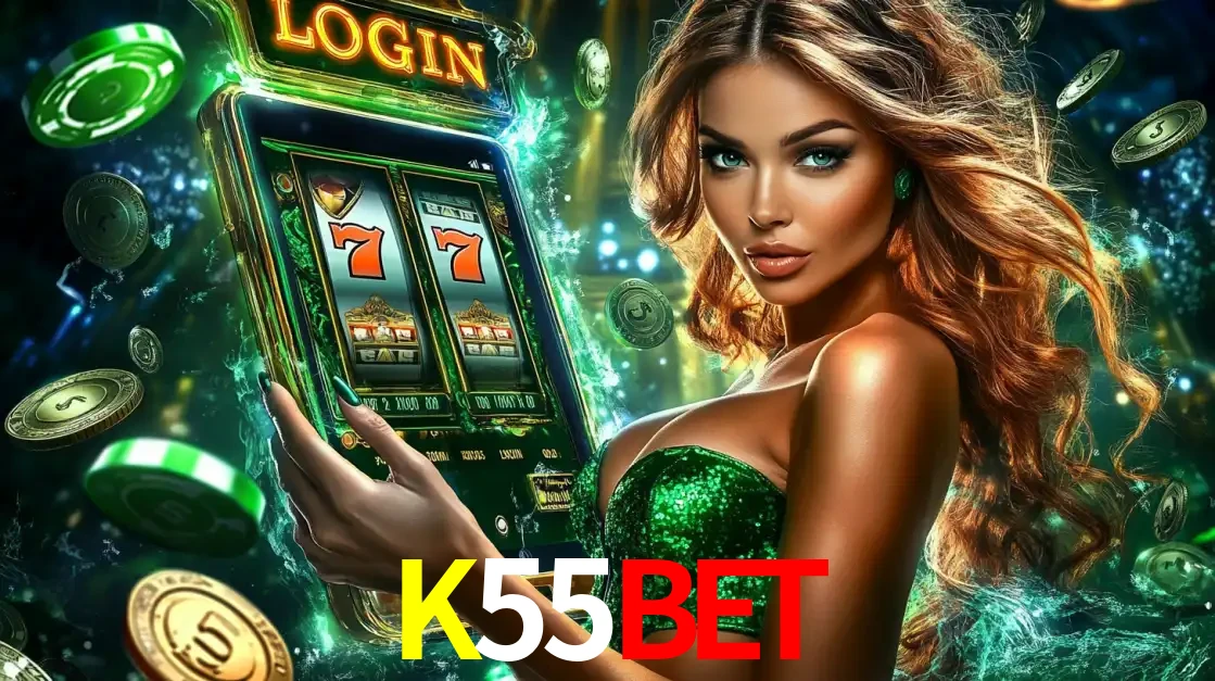Mulher com tema verde apresentando o aplicativo do cassino K55BET com um jogo de slot de 777, cercada por fichas de cassino e uma aura de sorte.