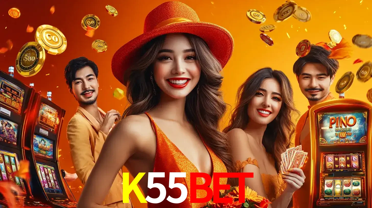 Grupo de amigos asiáticos sorrindo e se divertindo com máquinas de caça-níqueis em um ambiente festivo, celebrando suas vitórias nos jogos de cassino do K55BET.