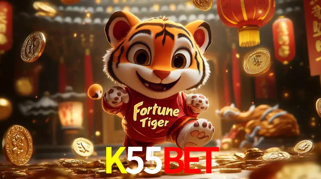 O alegre personagem do Fortune Tiger correndo sobre um caminho de moedas de ouro, simbolizando os grandes prêmios e a diversão do popular jogo de slot do K55BET.