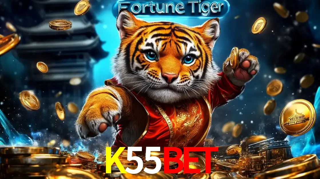 Imagem promocional do jogo de slot Fortune Tiger, com um tigre majestoso em traje tradicional cercado por uma fortuna em moedas de ouro, disponível agora no cassino K55BET.