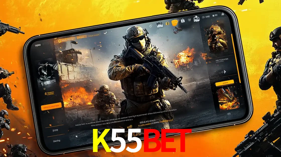 Um smartphone exibindo a interface de um jogo de tiro em primeira pessoa, com um soldado em um cenário de batalha, representando a ação dos e-sports para apostar no K55BET.