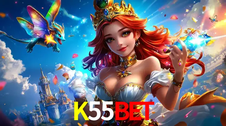 A princesa de um reino de fantasia mágico, com seu pequeno dragão, apresentando um mundo de prêmios encantados nos jogos de caça-níqueis do cassino K55BET.