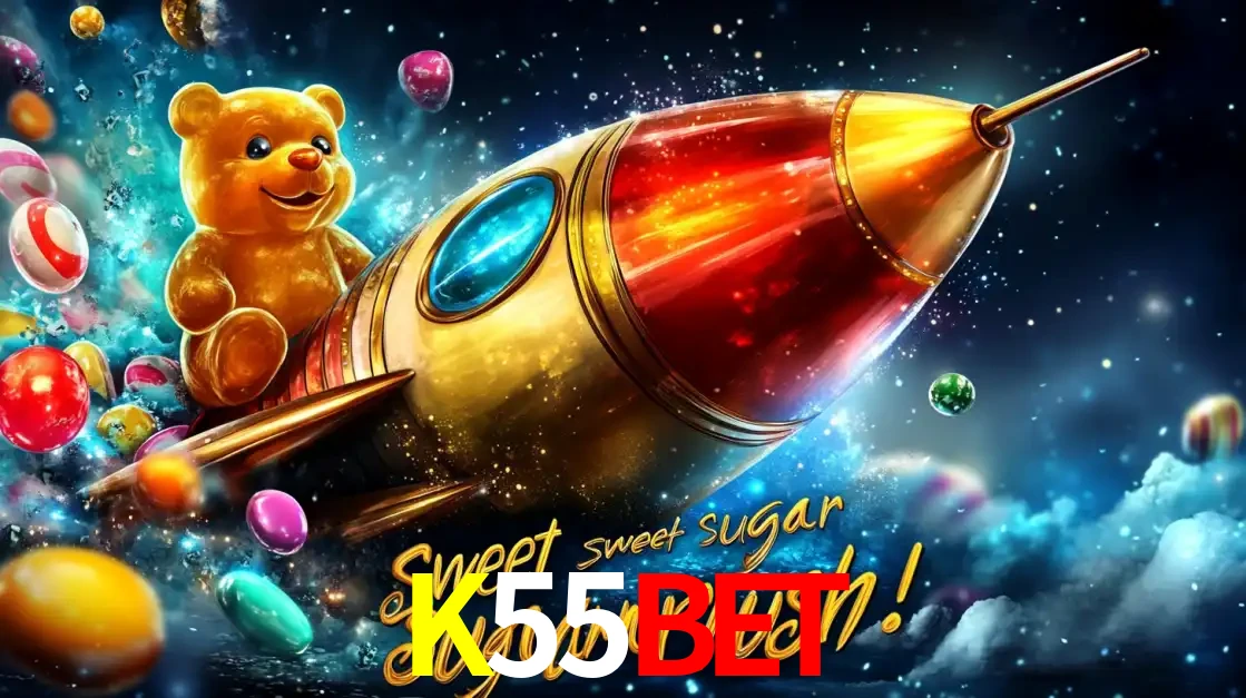 Arte promocional do jogo de slot Sugar Rush, com um urso de pelúcia em um foguete viajando pelo espaço de doces, um dos jogos divertidos disponíveis no cassino K55BET.