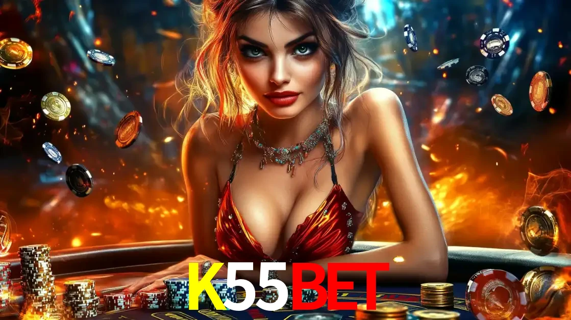 Mulher em uma mesa de cassino com pilhas de fichas e um fundo de fogo, pronta para uma rodada de altas apostas nos jogos de mesa emocionantes do cassino K55BET.