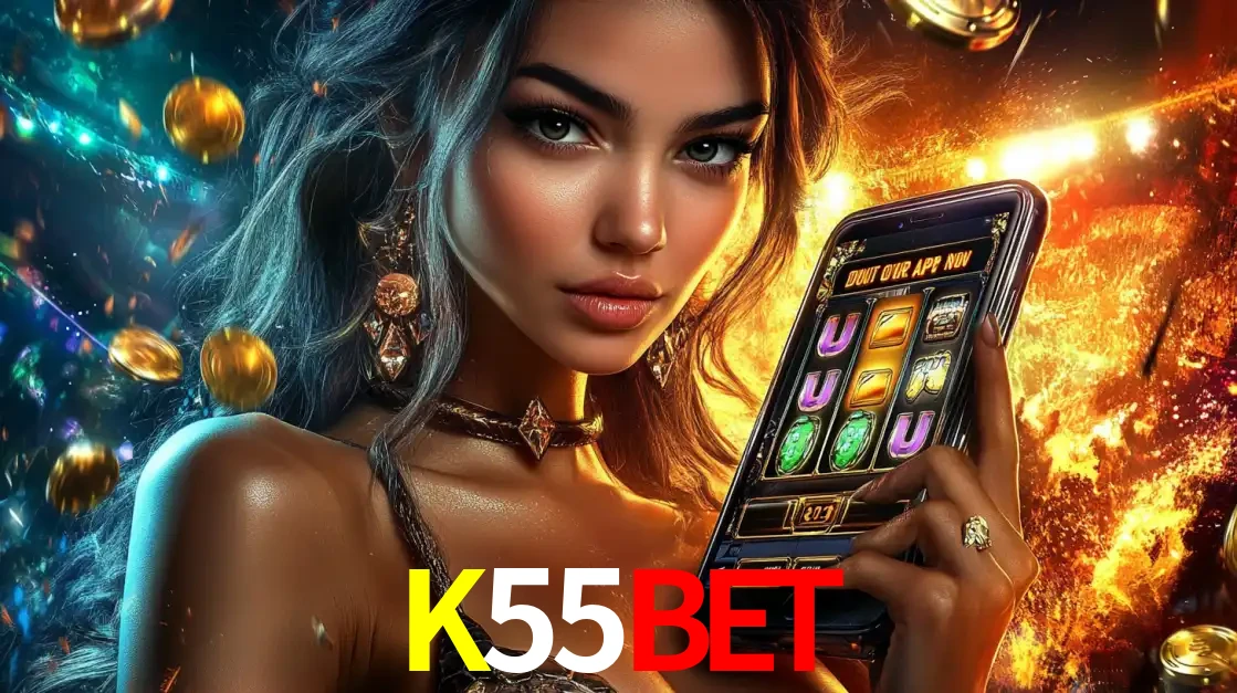 Mulher elegante mostrando um jogo de caça-níqueis em seu smartphone, destacando a experiência de cassino móvel oferecida pelo aplicativo K55BET.
