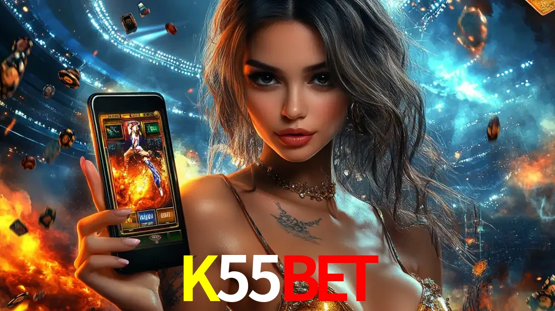 Mulher segurando um celular com um jogo de slot em destaque, tendo como fundo um estádio vibrante, simbolizando a emoção de jogar no cassino móvel K55BET.