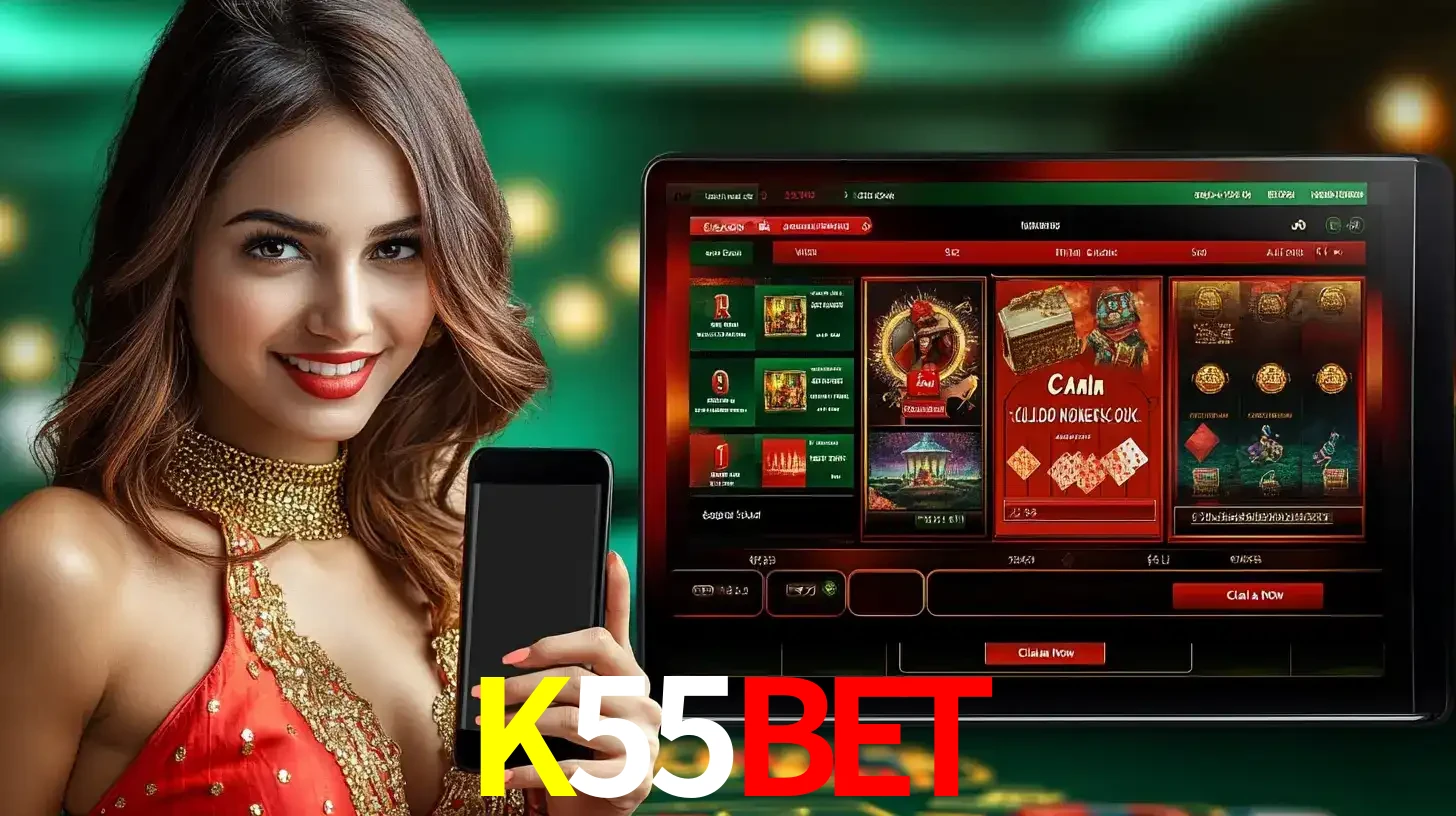 Mulher sorridente segurando um smartphone, ao lado de uma tela exibindo o lobby de jogos do cassino online K55BET, com várias opções de jogos de cartas e slots.